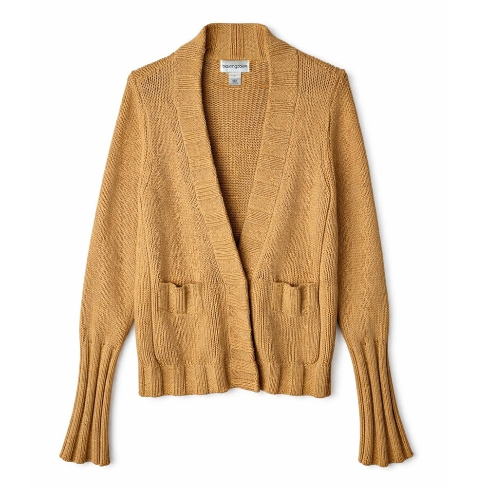 Bloomingdales Cardigan Women Small Tan Cotton‎ Chunky Knit Snap Front Preppy